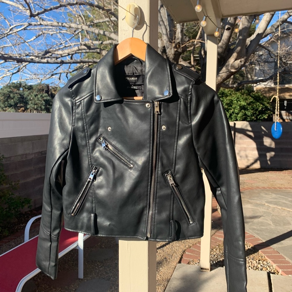 Pull&Bear Outwear black faux leather moto jacket size S